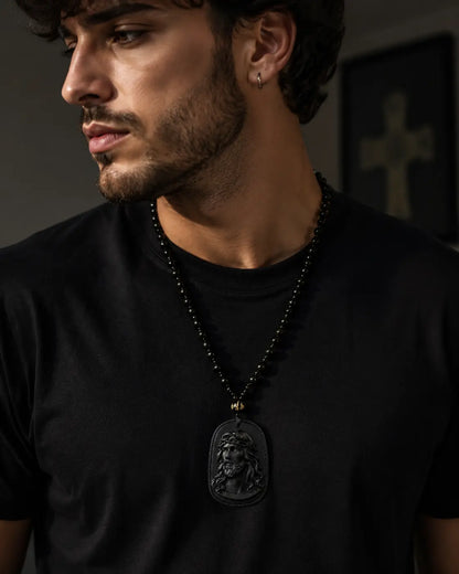 Men'S Casual Style Necklace with Black Glass Beads and Jesus Pendant | Minimalist Faith-Inspired Jewelry, Meaningful Gifts for Daily Wear, Casual Style Necklaces, Gift for Friends, Men'S Jewelry, Chain Necklace
